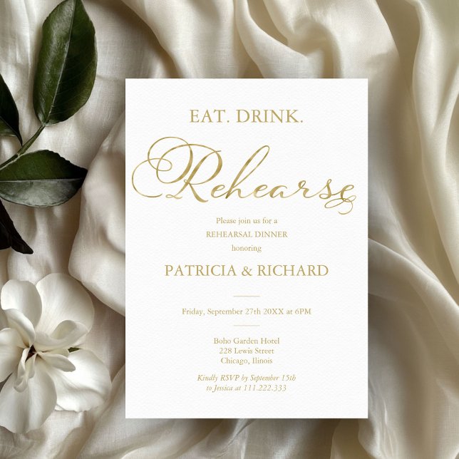 Invitación Come Coma Ensaya Cena de Ensayo de Papel de Oro (Subido por el creador)