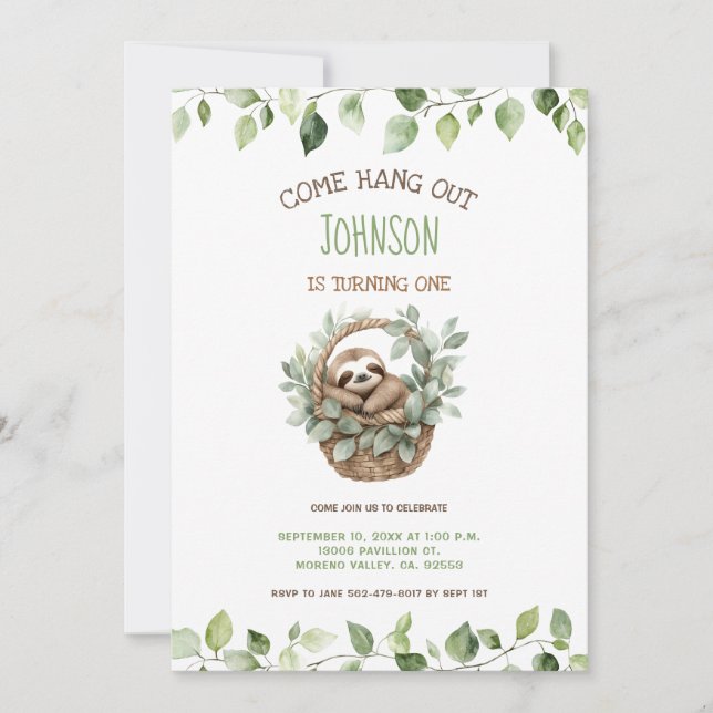 Invitación Come Hang Out Sloth Party Birthday  (Anverso)