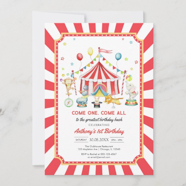 Invitación Come One Come All Circus Boy Birthday Invitation (Anverso)