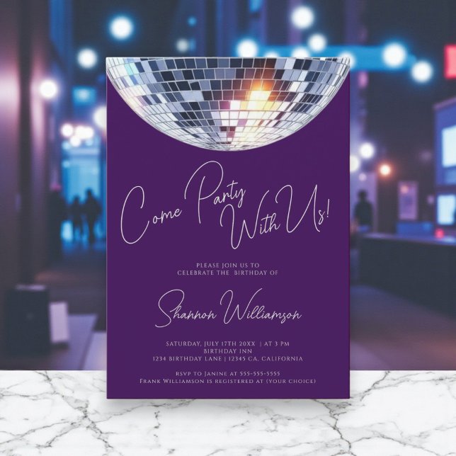 Invitación Come party purple  modern disco ball birthday  (Subido por el creador)