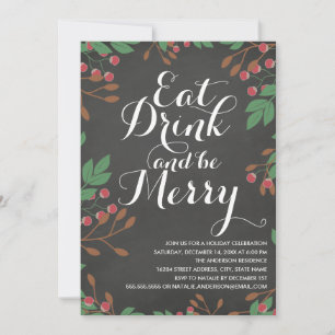 Invitación Come y sé fiesta de feriado de Merry Holly Berries