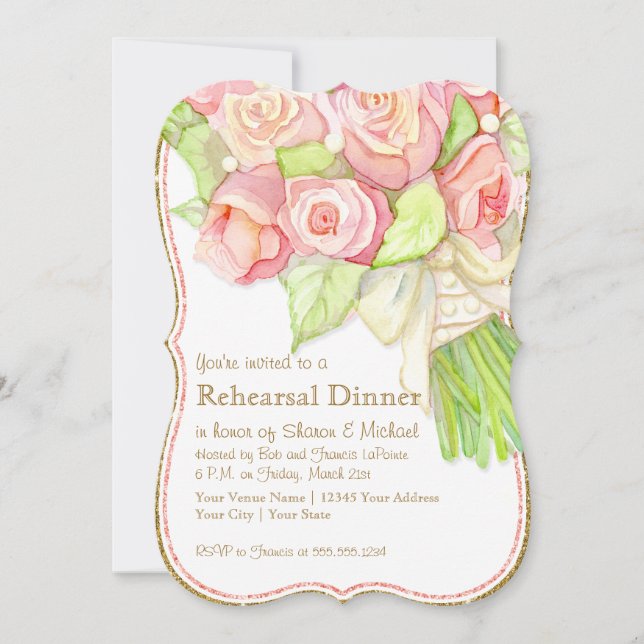 Invitación Comensal Cena Watercolor Rose Bouquet Pearls (Anverso)