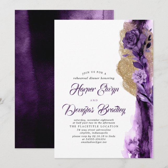 Invitación Comensal de ciruela morada y Purpurina de oro para (Anverso / Reverso)