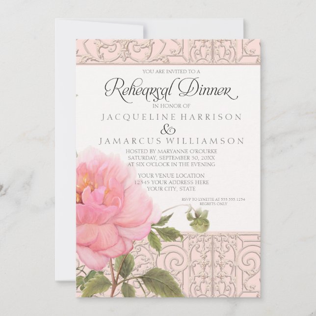 Invitación Comensal formal Floral Pink Peony Clásico (Anverso)