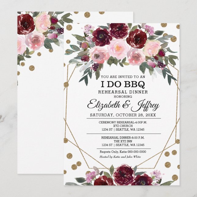 Invitación Comensal Geométrico Floral Burgundy Gold Cena (Anverso / Reverso)