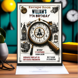 Invitación comenzar Clue Spy Escape Room 7Birthday Invitation