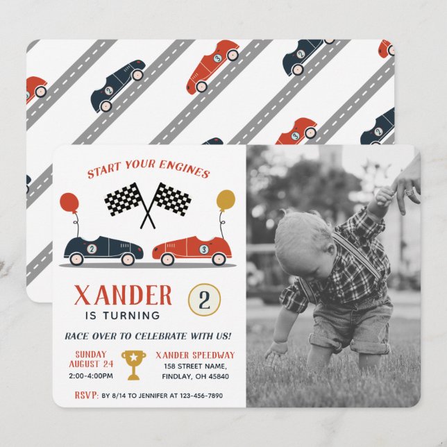 Invitación Comenzar tu motor Race Car Birday Any Age Photo (Anverso / Reverso)