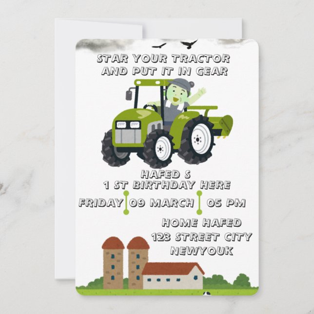 Invitación Comenzar tu tractor 1er cumpleaños animado (Anverso)