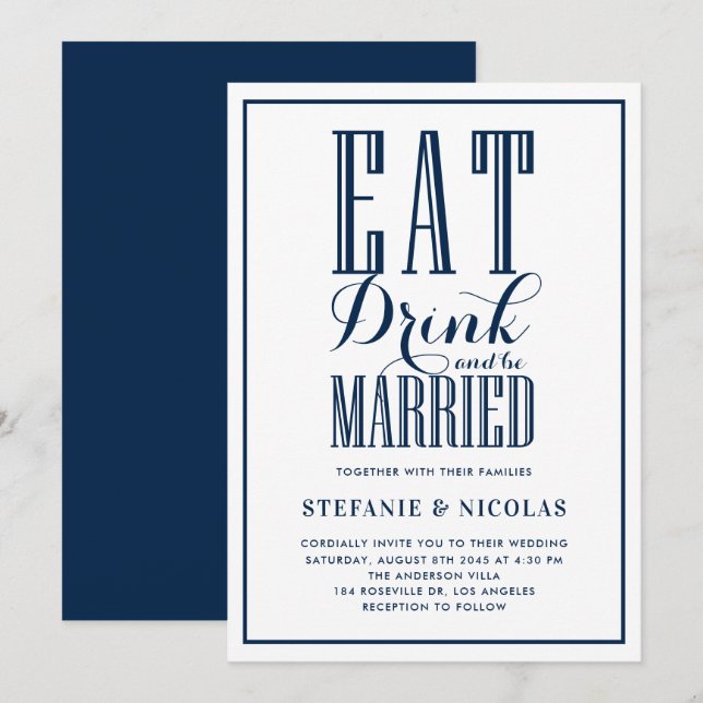 Invitación Comer azul de la marina, beber y casarse con Boda (Anverso / Reverso)