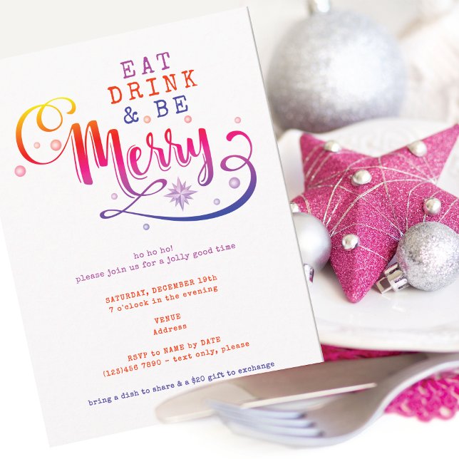 Invitación Comer Beber Alegrarse Cena de Navidad Potluck (Pink Eat Drink and Be Merry Christmas Potluck Invitation for Church Family Office Xmas Parties)