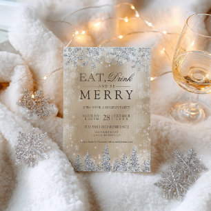 Invitación Comer Beber Alegre Oro Plata Fiesta de Navidad
