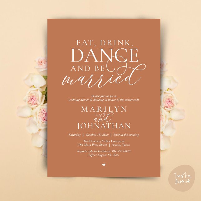 Invitación Comer, Beber, Bailar, Casarse, Huir en Boda (Eat, Drink, Dance, Be Married, Wedding Elopement Dinner Party Invitation Card in copper terracotta)