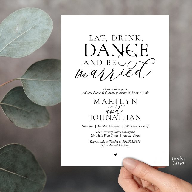 Invitación Comer, Beber, Bailar, Casarse, Huir en Boda (Eat, Drink, Dance, Be Married, Wedding Elopement Dinner Party Invitation Card in Black and White)