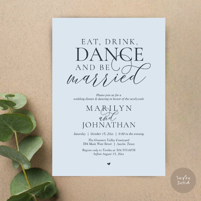 Invitación Comer, Beber, Bailar, Casarse, Huir en Boda (Eat, Drink, Dance, Be Married, Wedding Elopement Dinner Party Invitation Card in misty blue)