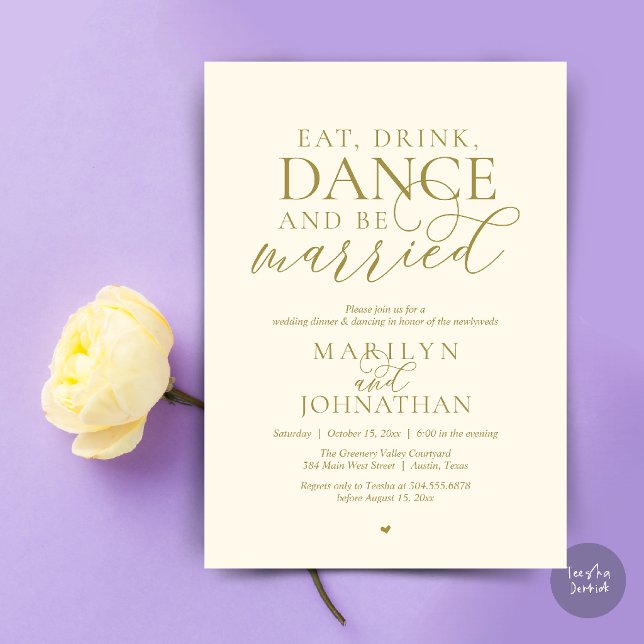Invitación Comer, Beber, Bailar, Casarse, Huir en Boda (Eat, Drink, Dance, Be Married, Wedding Elopement Dinner Party Invitation Card in gold yellow cream)