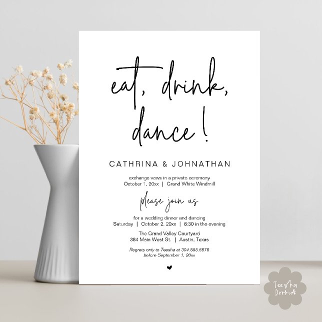 Invitación Comer, Beber, Bailar Cena de Boda Intima y Elegant (Eat, Drink, Dance Elegant Wedding Elopement Dinner Invitation Card in Black and white)