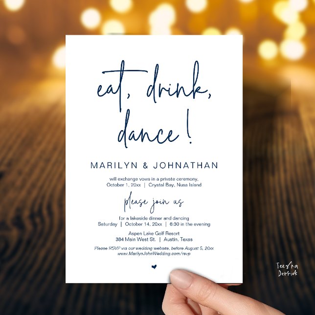 Invitación Comer, Beber, Bailar, Cena de Boda y Huida  (Eat, Drink, Dance, Wedding Elopement Dinner Party Invitation Card in Warm Navy Blue)