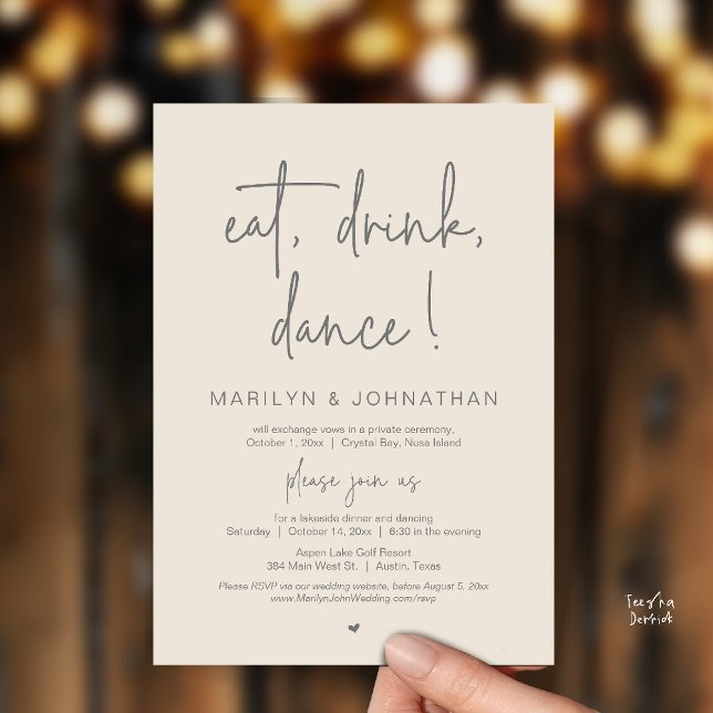 Invitación Comer, Beber, Bailar, Cena de Boda y Huida  (Eat, Drink, Dance, Wedding Elopement Dinner Party Invitation Card in Warm Cream Grey)