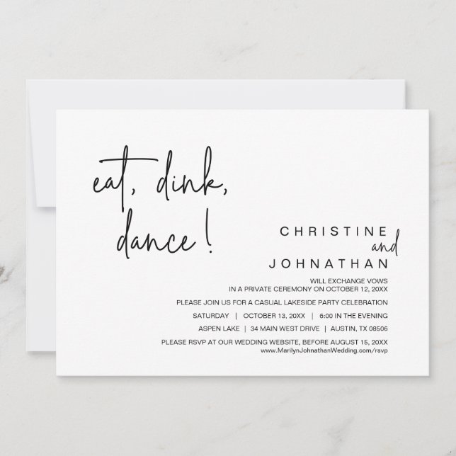 Invitación Comer, beber, bailar, cenar Boda Elopement (Anverso)