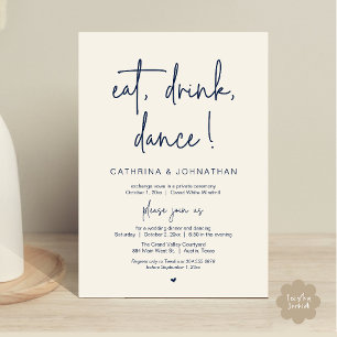 Invitación Comer, Beber, Bailar, Elegante Elopamiento Azul Ma