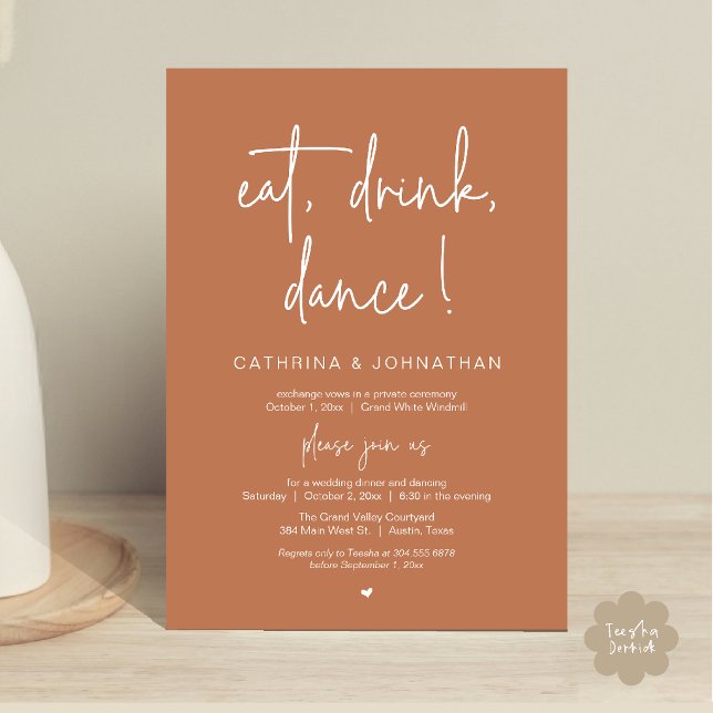 Invitación Comer, Beber, Bailar, Elegante Elopamiento de Colo (Eat, Drink, Dance Elegant Wedding Elopement Dinner Invitation Card in Copper Brown Terracotta)