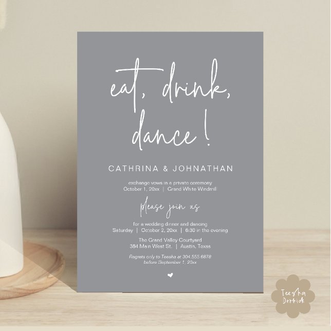 Invitación Comer, Beber, Bailar, Elegante Elopamiento Gris Os (Eat, Drink, Dance Elegant Wedding Elopement Dinner Invitation Card in Dark Grey)