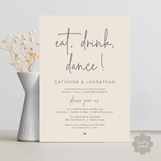 Invitación Comer, Beber, Bailar, Elopamiento Elegante de Colo (Eat, Drink, Dance Elegant Wedding Elopement Dinner Invitation Card in Dark Grey and Cream)