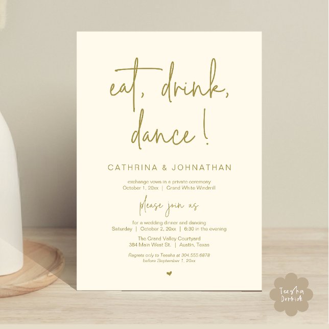 Invitación Comer, Beber, Bailar, Elopamiento Elegante de Oro  (Eat, Drink, Dance Elegant Wedding Elopement Dinner Invitation Card in Gold Yellow Cream)