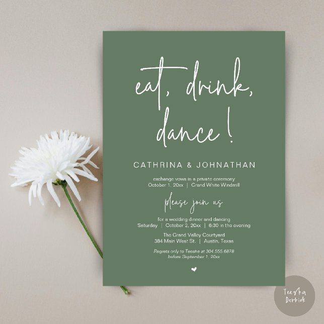Invitación Comer, Beber, Bailar, Recepción Elegante de Verde  (Eat, Drink, Dance Elegant Wedding Elopement Dinner Invitation Card in Sage Green)