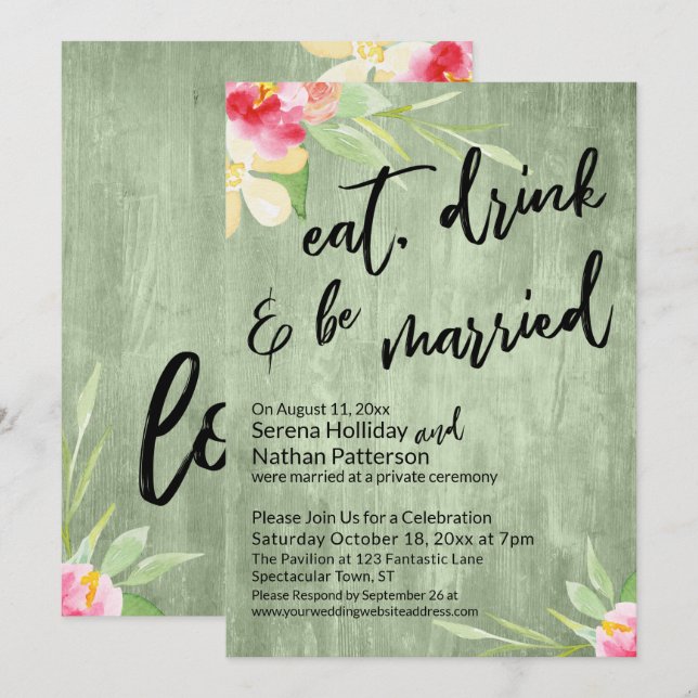 Invitación Comer, Beber & Casarse Flores Pintadas Madera Verd (Anverso / Reverso)