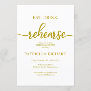 Invitación Comer Beber Ensayar Elegante Cena de Ensayo Dorada