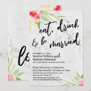 Invitación Comer, Beber & Estar Casado Flores Pintadas y Márm