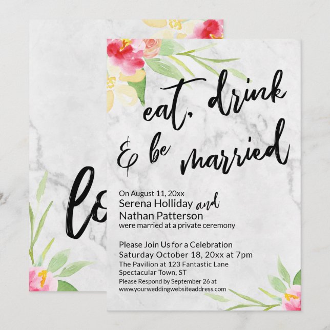 Invitación Comer, Beber & Estar Casado Flores Pintadas y Márm (Anverso / Reverso)