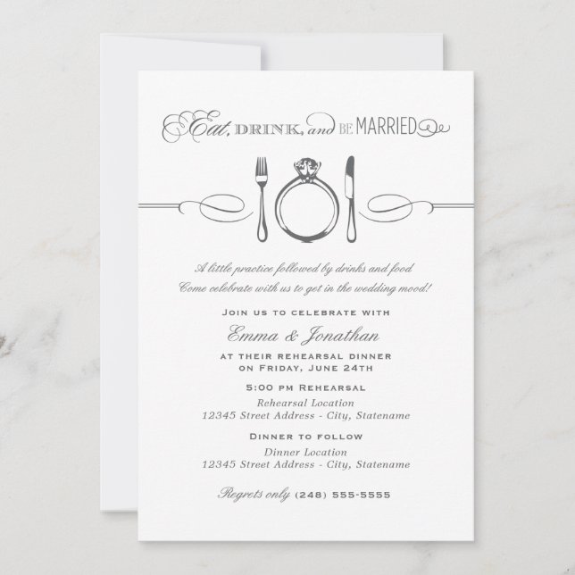 Invitación Comer Beber Estar Casado Gris Guion Ensayo (Anverso)