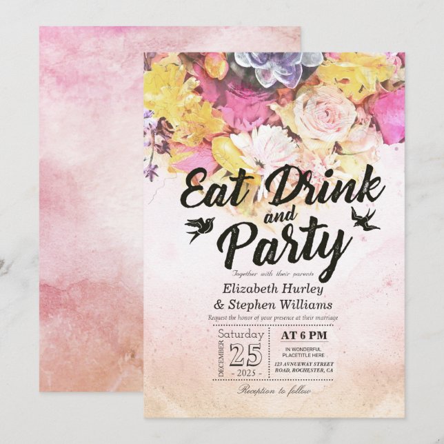 Invitación COMER Beber & Fiesta Moderno Acuarela Flor Boda (Anverso / Reverso)