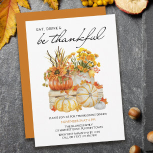 Invitación Comer Beber Ser Agradecido Calabaza Cosecha Día de