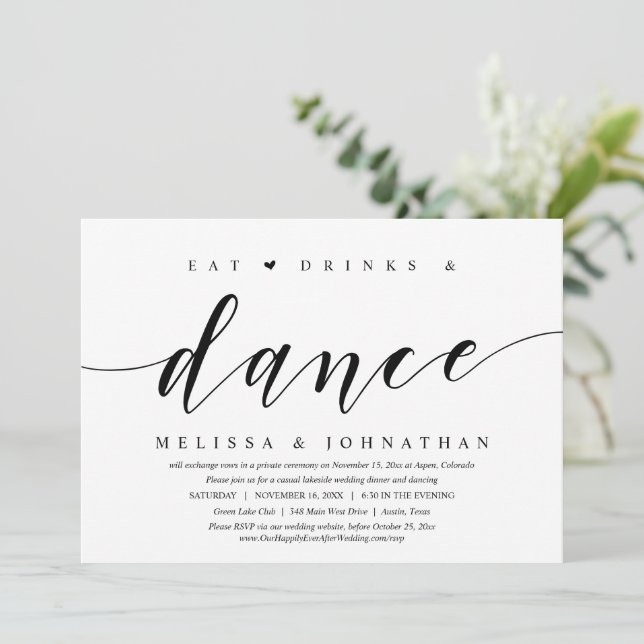 Invitación Comer, Beber y Bailar, Fiesta de Boda Intima (Anverso de pie)
