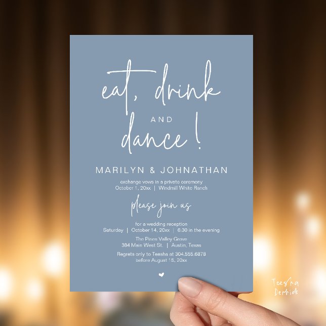 Invitación Comer, Beber y Bailar, Recepción de Boda Moderna (Eat, Drink and Dance, Modern Wedding Reception Dinner Party Invitation Card in dusty blue)