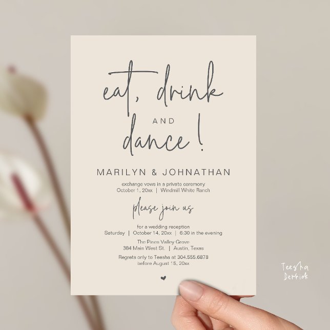 Invitación Comer, Beber y Bailar, Recepción de Boda Moderna (Eat, Drink and Dance, Modern Wedding Reception Dinner Party Invitation Card in cream grey)
