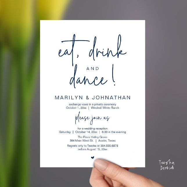 Invitación Comer, Beber y Bailar, Recepción de Boda Moderna (Eat, Drink and Dance, Modern Wedding Reception Dinner Party Invitation Card in navy blue)