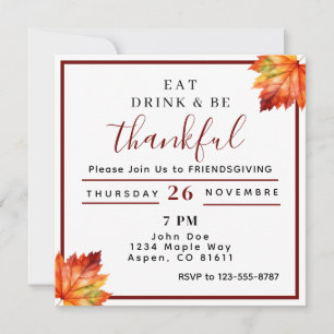 Invitación comer beber y estar agradecido Día de Acción de Gr