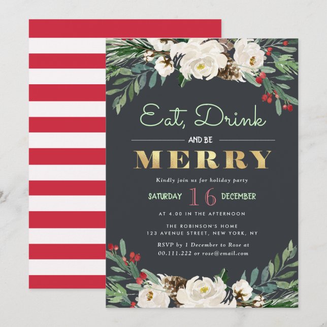 Invitación COMER, BEBER Y ESTAR FELIZ| fiesta de vacaciones (Anverso / Reverso)