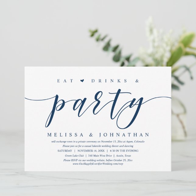Invitación Comer, beber y Fiesta, Boda Elopement Dinner Inv (Anverso de pie)