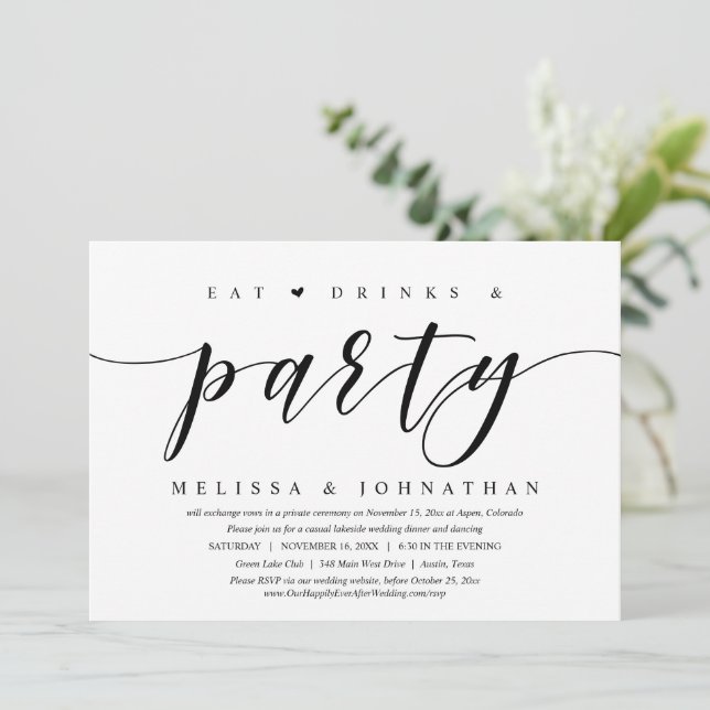 Invitación Comer, beber y Fiesta, cena de Boda Elopement (Anverso de pie)