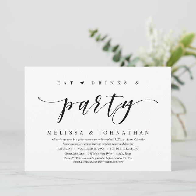 Invitación Comer, beber y Fiesta, Elopement Boda (Anverso de pie)