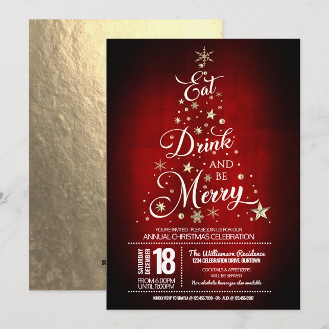 Invitación Comer, beber y ser feliz Fiesta de Navidad (Anverso / Reverso)