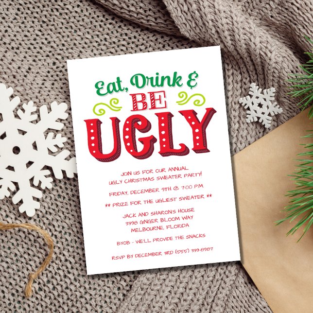 Invitación Comer, beber y ser Navidades feos Fiesta suéter (Eat, Drink and Be Ugly Christmas Sweater Party Invitation)