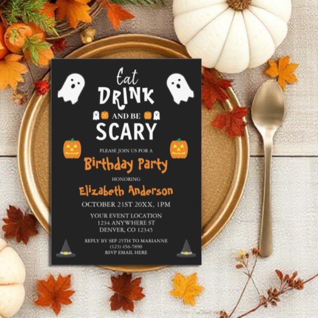 Invitación Comer, beber y tener miedo cumpleaños de Halloween (Subido por el creador)
