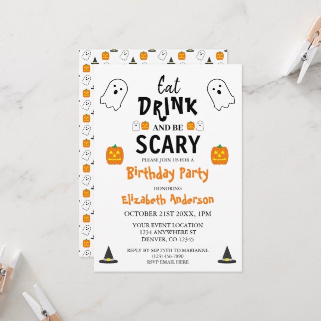 Invitación Comer, beber y tener miedo cumpleaños de Halloween (Anverso/Reverso In Situ)