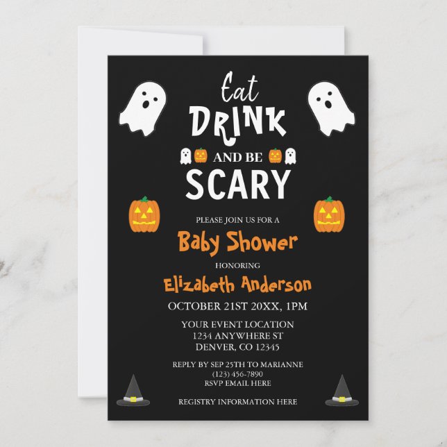 Invitación Comer, beber y tener miedo en Baby Shower de Hallo (Anverso)